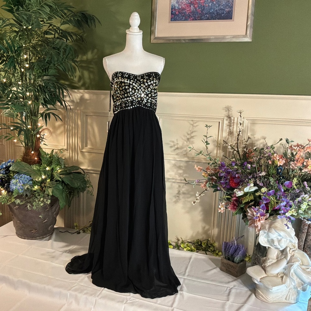 Formal long black chiffon strapless beaded top